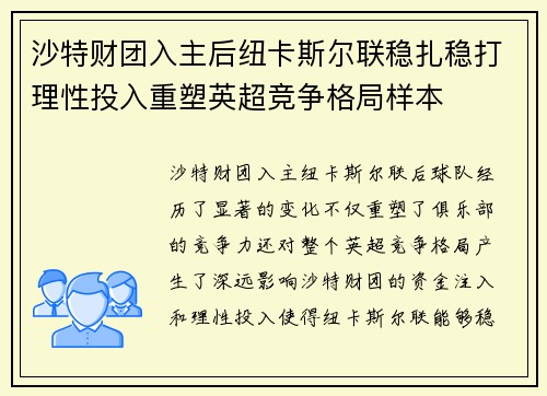 沙特财团入主后纽卡斯尔联稳扎稳打理性投入重塑英超竞争格局样本